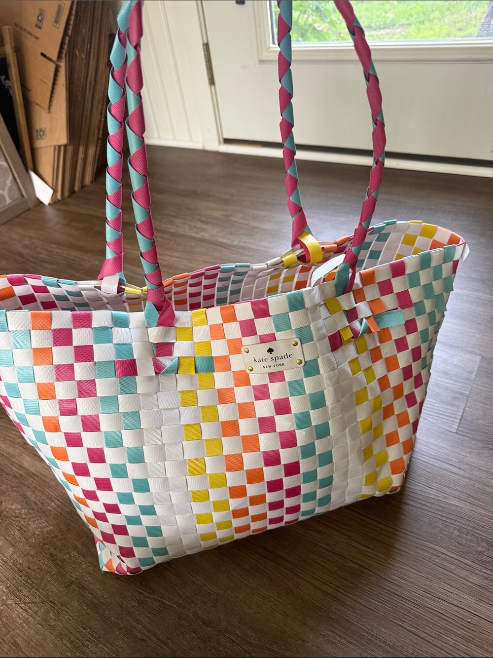kate spade White Multicolor Woven Tote with Braided Pink & Teal Handles